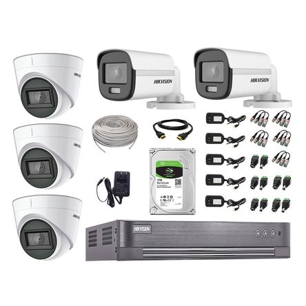 Cámaras Seguridad Kit 05 Hikvision 1080p Full Hd | Colorvu Visión Nocturna a Color + Disco 1tb