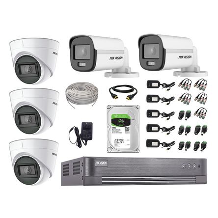 Cámaras Seguridad Kit 05 Hikvision 1080p Full Hd | Colorvu Visión Nocturna a Color + Disco 2tb