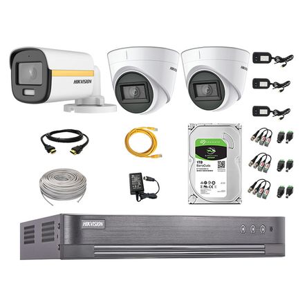 Cámaras Seguridad Hikvision Kit 03 Full Hd 1080p | Colorvu Visión Nocturna a Color + Disco 1tb