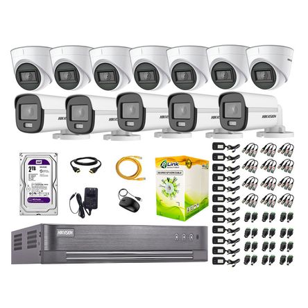 Cámaras Seguridad Kit 12 Hikvision 1080p Full Hd | Colorvu Visión Nocturna a Color + Disco 2tb