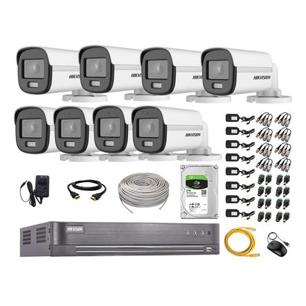 Cámaras Seguridad Exterior Kit 8 Hikvision 5mp + Disco 2tb Colorvu Vision Nocturna a Color