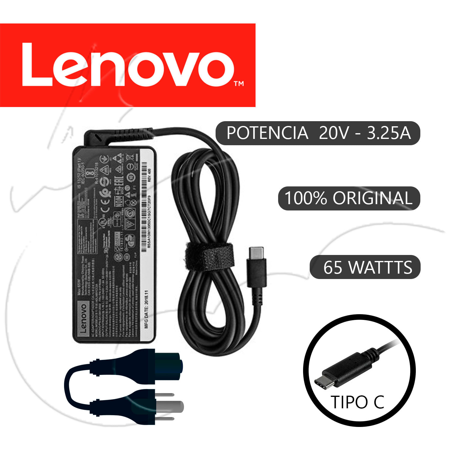 Cargador Lenovo 20v 3.25a punta tipo C 65W Génerico I Oechsle