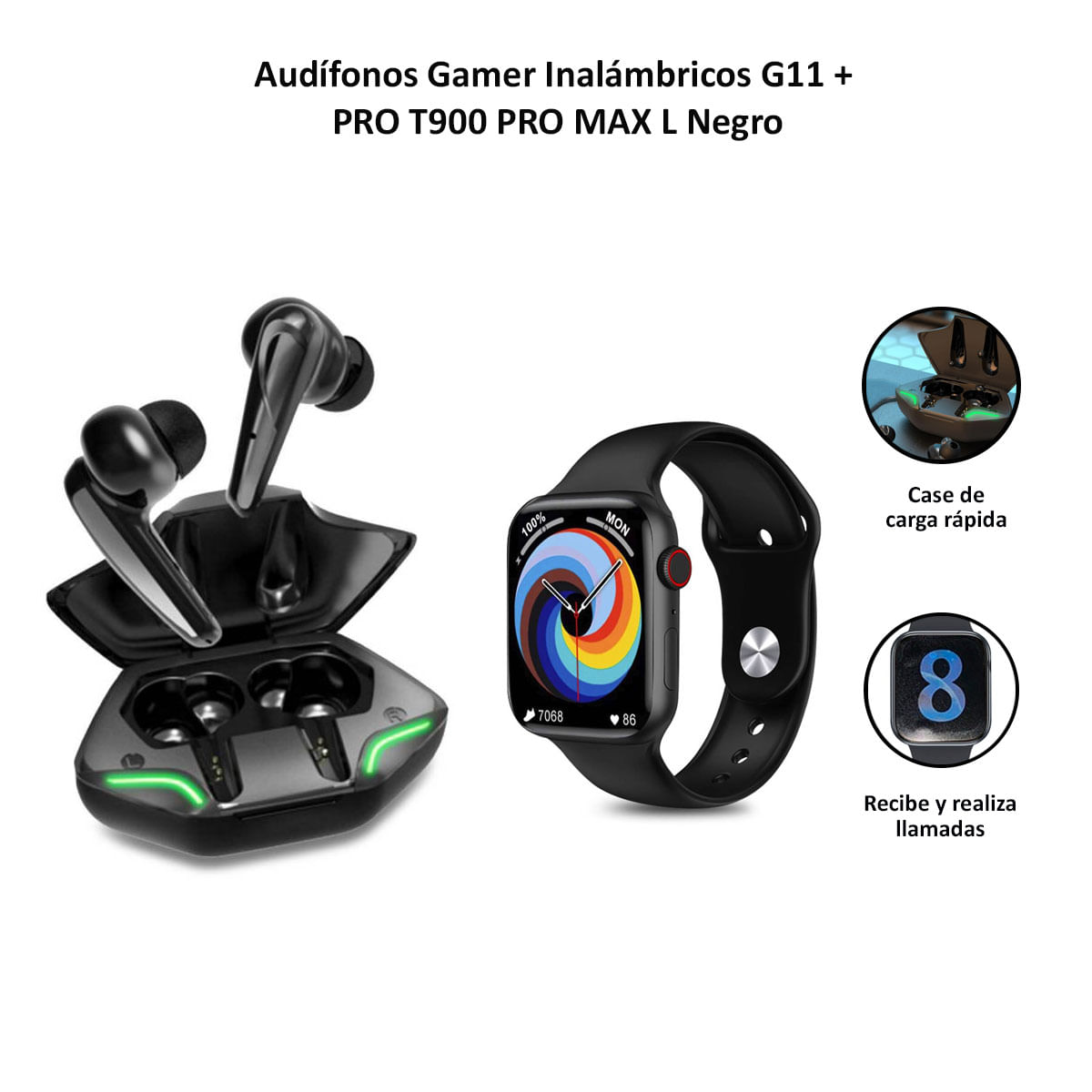 Audífonos Gamer Inalámbricos G11 + Smartwatch Pro T900 Pro Max L Negro