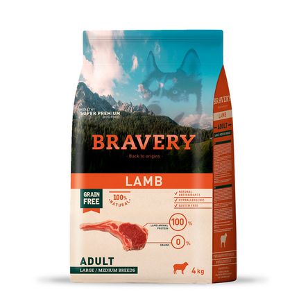 Comida para Perro Adulto Raza Grande Bravery Libre de Grano Cordero 4kg