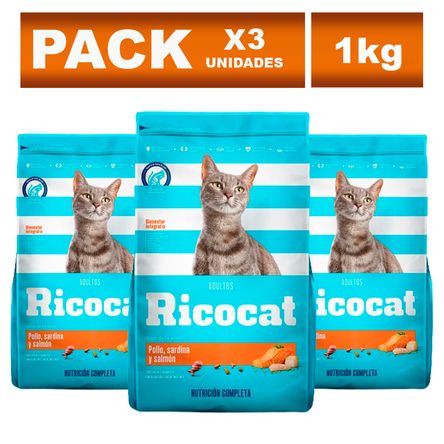 Comida para Gatos Ricocat Adulto de Pollo Sardina y Salmón 1kg x3