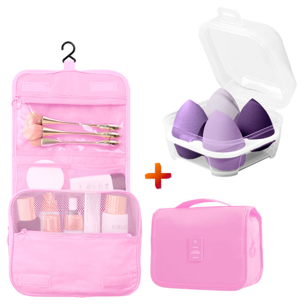 Organizador Neceser de Viaje A06 RS Y Juego de 4 Esponjas de Maquillaje MD  - Promart