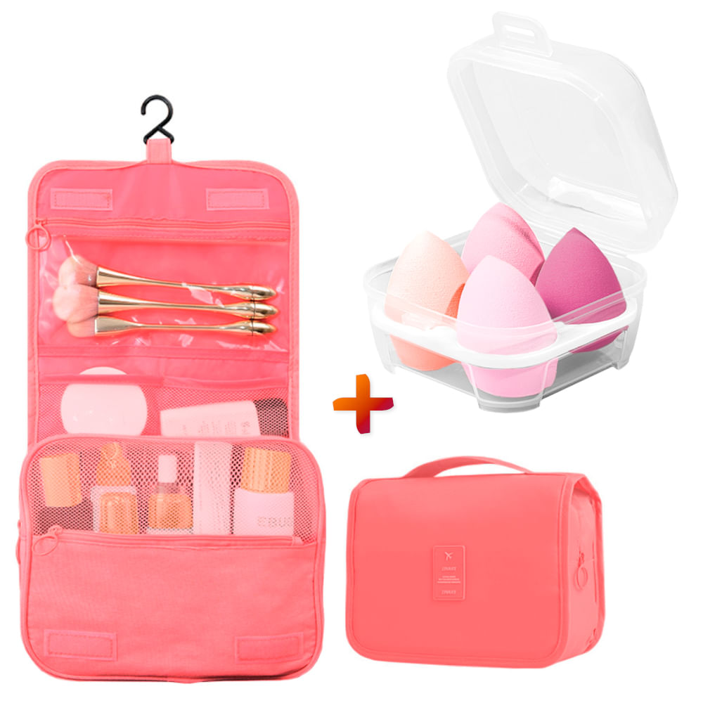 Organizador Neceser de Viaje A06 Coral Y Juego de 4 Esponjas de Maquillaje  RS - Promart