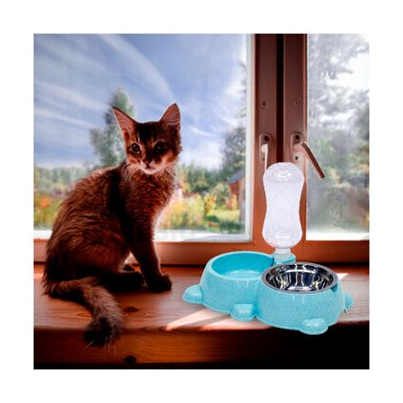 Plato de Acero y Bebedero Mascotas Celeste