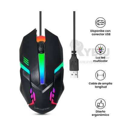 Mouse Gaming con Luces Multicolor y Conector USB  RYBIU IMPORT