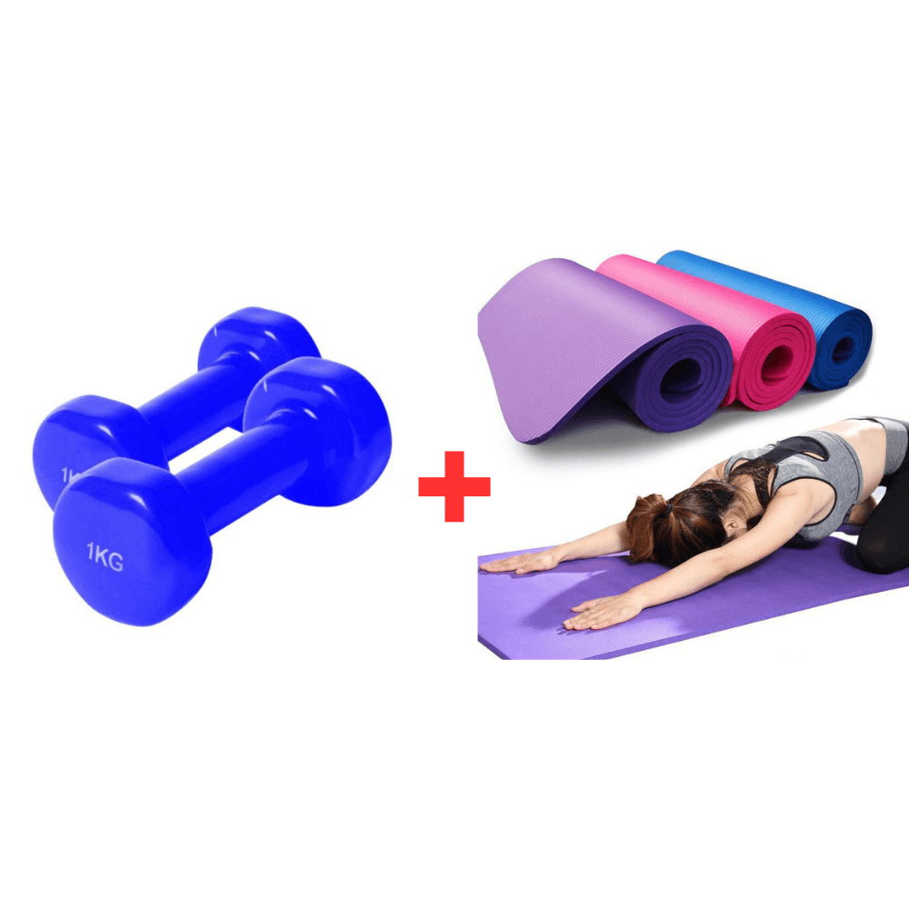 Combo Mancuernas Plastificadas de 1 kg + Mat de Yoga de 10 mm