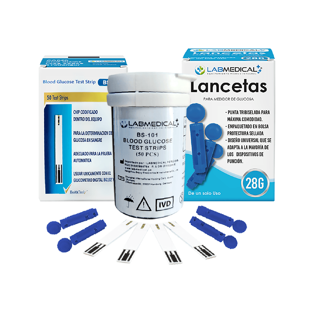 100 Tiras Bs101 Y 100 Lancetas  Para Glucometro Labmedical BG102 Y BG202