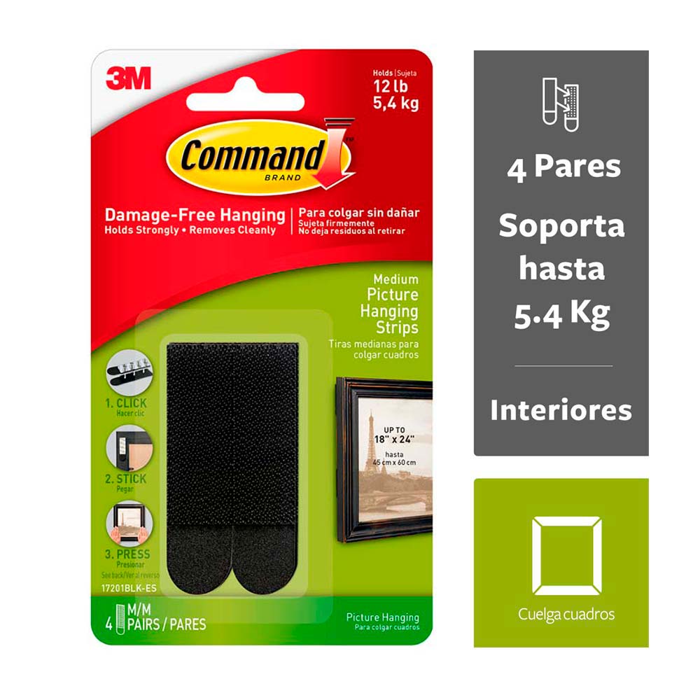 Tira Adhesiva 3M Command Sujetador de Cuadros 7x2cm, Soporta 5.4kg, 4 pares
