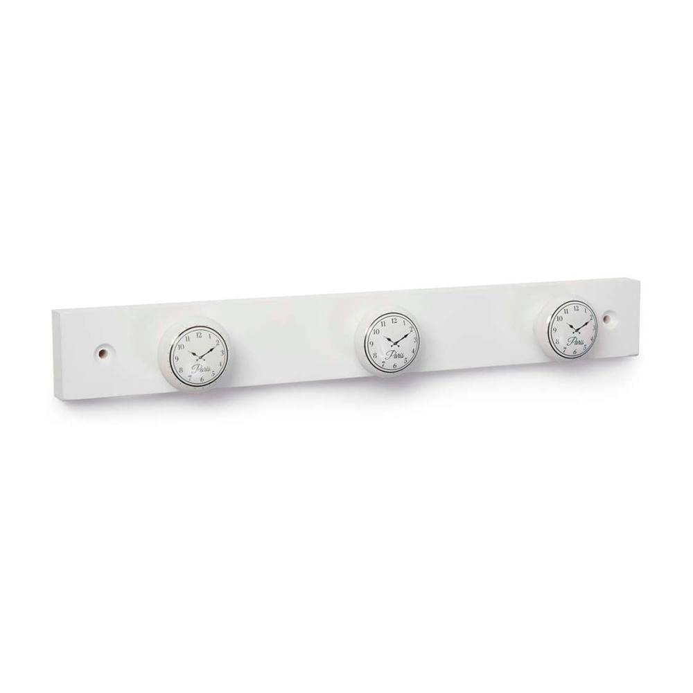 Perchero de pared Madera Reloj 3 Ganchos Blanco Satinado Rei