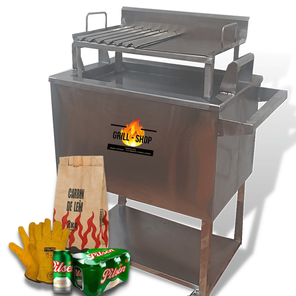 Caja china mediana full acero inoxidable + Guantes + Carbon + Cerveza