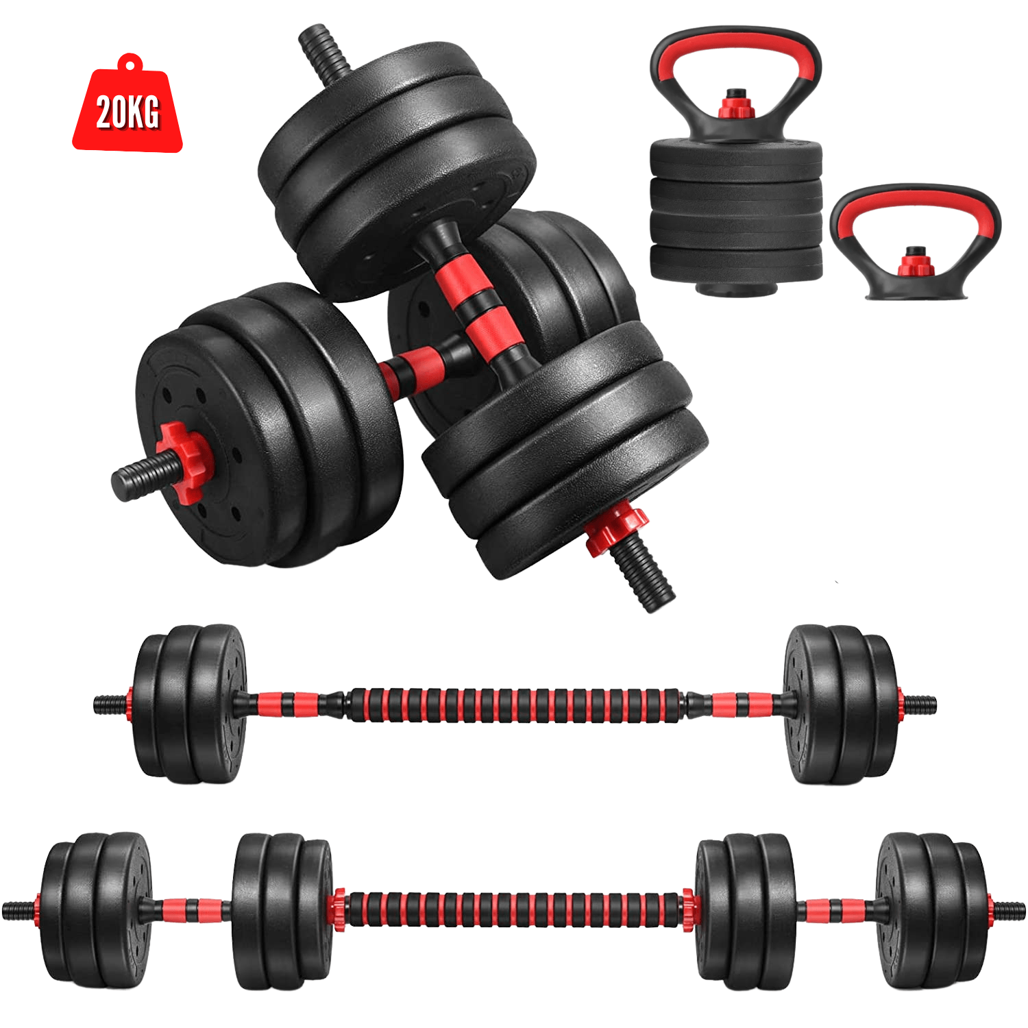 Mancuernas Set de 20 Kg Convertibles + Barra