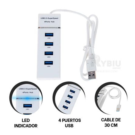 Hub USB 3.0 de 4 Puertos Blanco RYBIU IMPORT