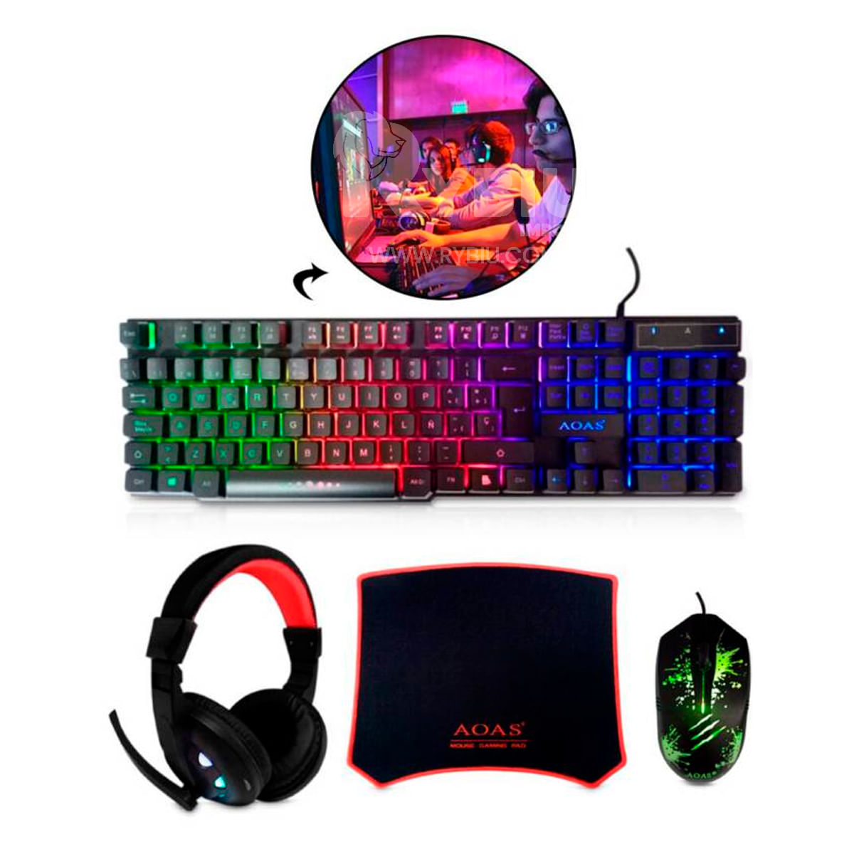 Gamer Pack con Teclado, Mouse, Audifonos y Mousepad