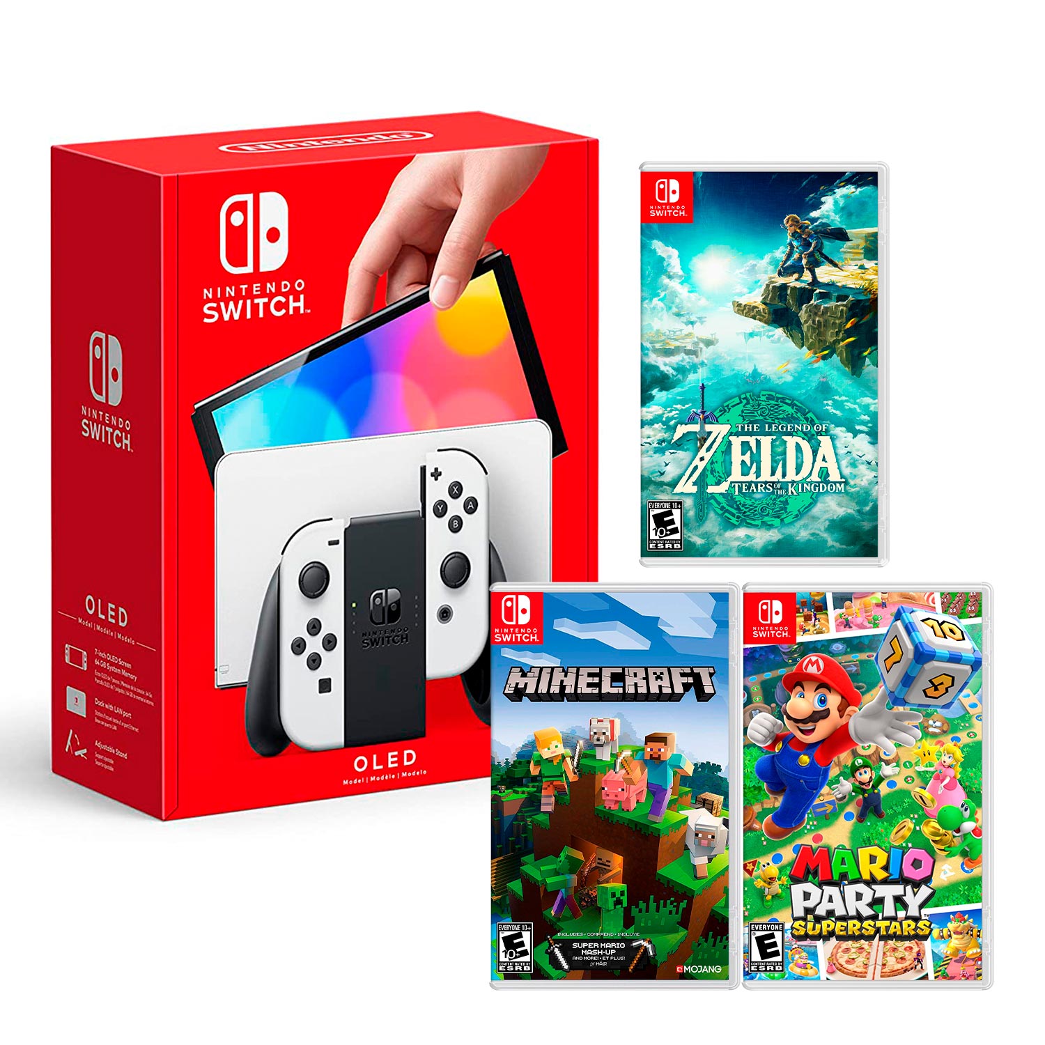 Consola Switch Oled Blanco+Zelda Tears Of The Kingdom+Minecraft+Mario Superstar