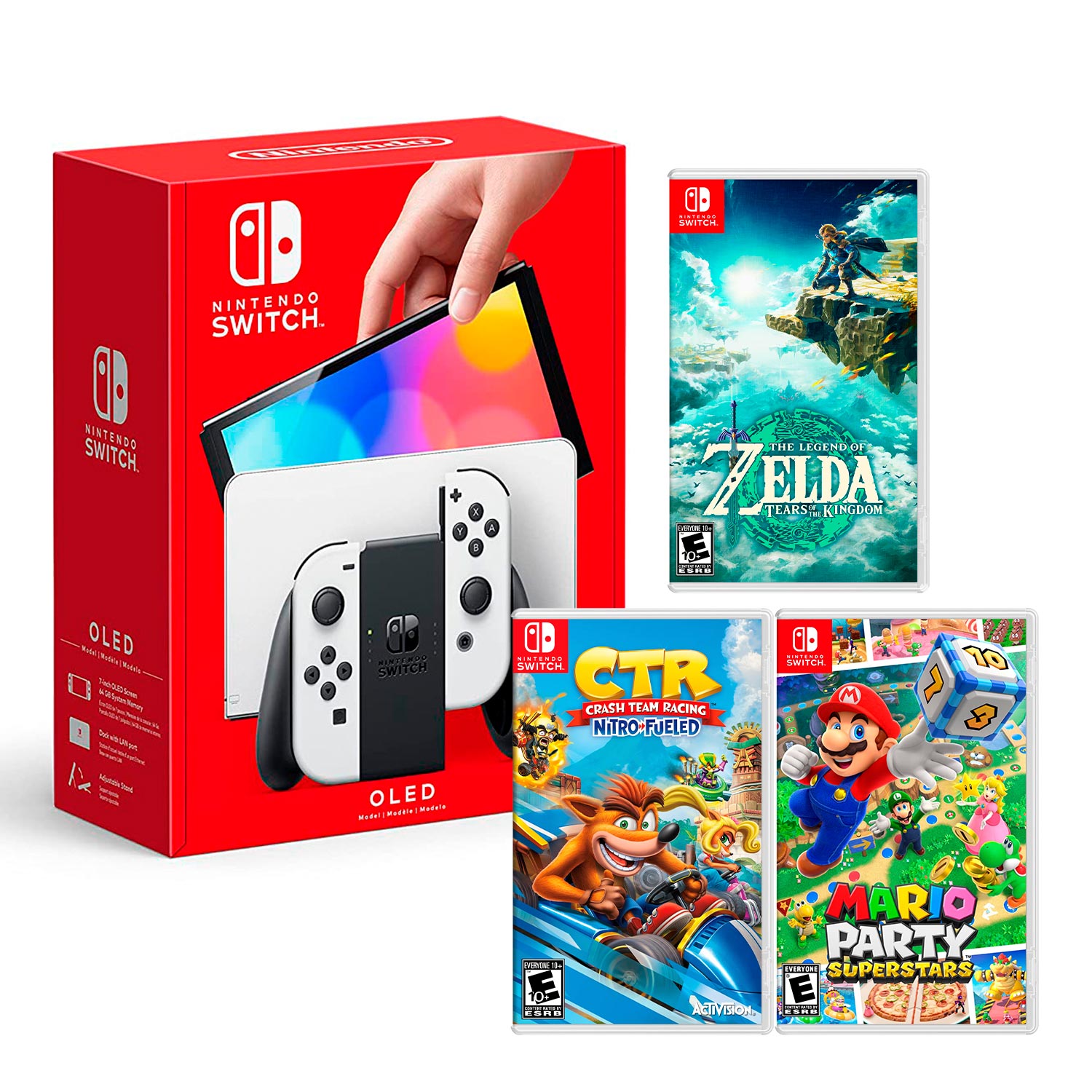 Consola Switch Oled Blanco + Zelda Tears Of The Kingdom + CTR + Mario Superstar