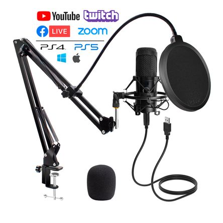 Micrófono Condensador USB Económico con Brazo soporte Anti Pop PC Micrófono Condensador USB Económico con Brazo soporte Anti Pop PC