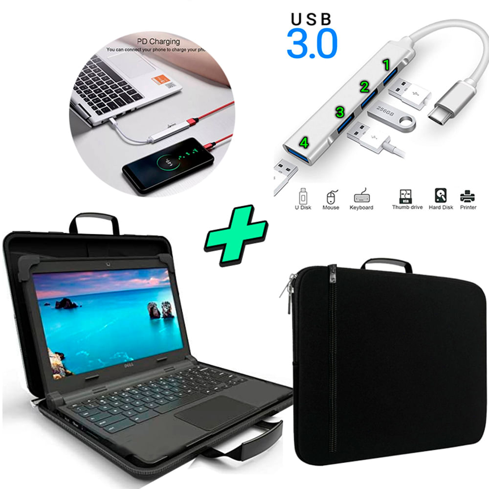 Kit Funda para Laptop Maleta + Hub Tipo C a USB 3.0 4 Puertos Kit Funda para Laptop Maleta + Hub Tipo C a USB 3.0 4 Puertos