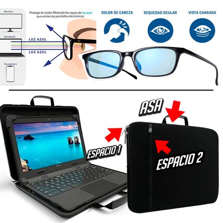 KIT Funda Maletin Laptop hasta 16 + Lentes p  Computadora con filtro Oem