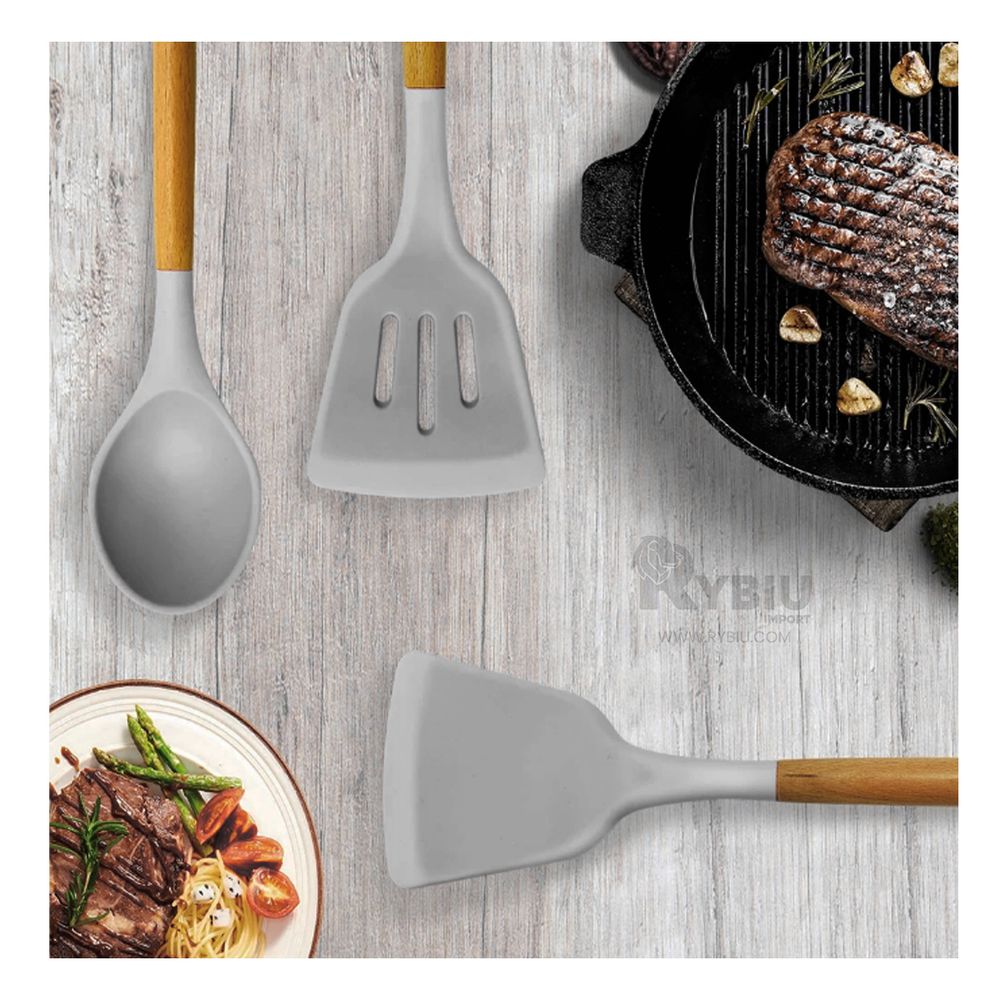 Set de utensilios para cocina en silicona con mango de madera 12 piezas -  Canela Hogar