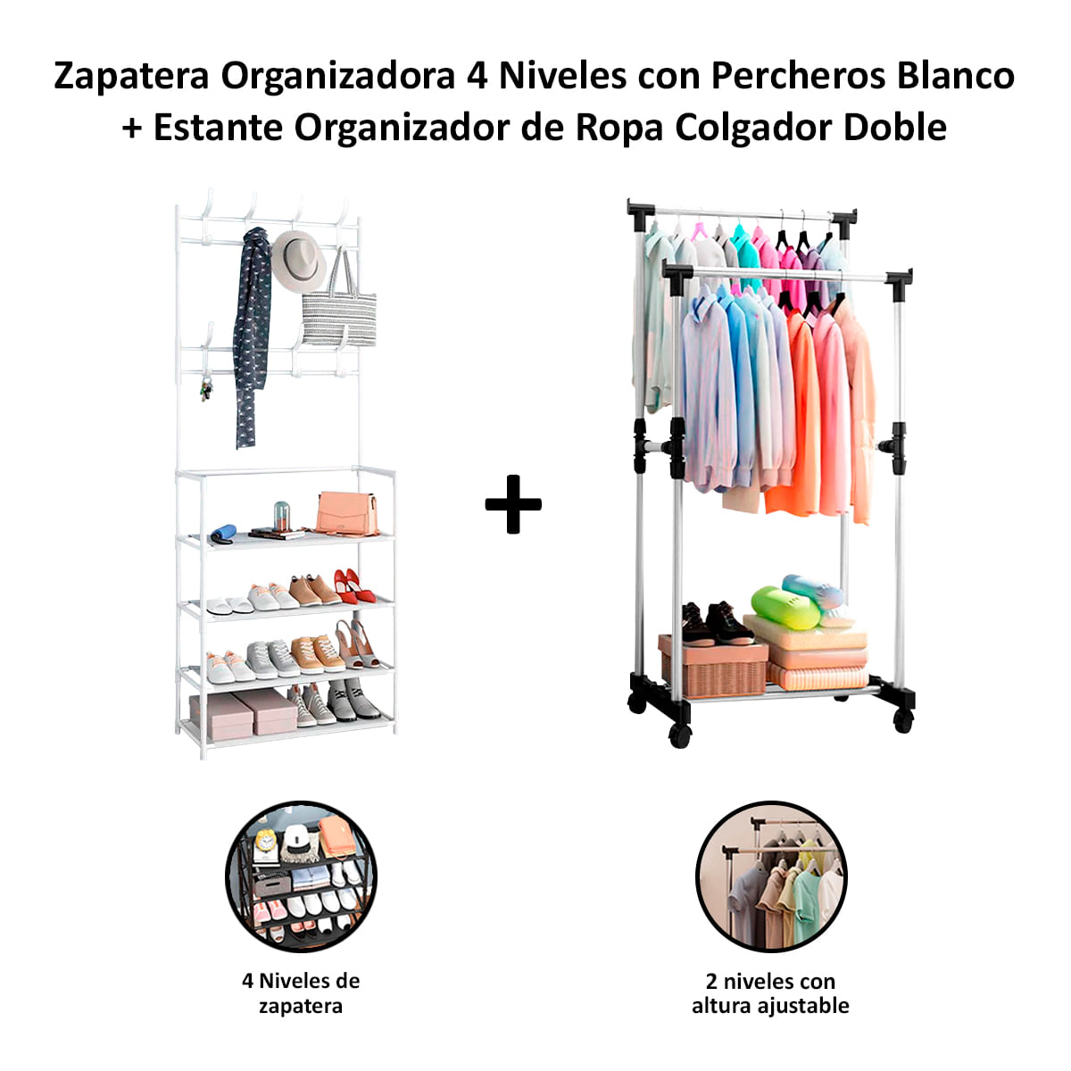 Zapatera Organizadora 4 Niveles Blanco + Estante Organizador de Ropa