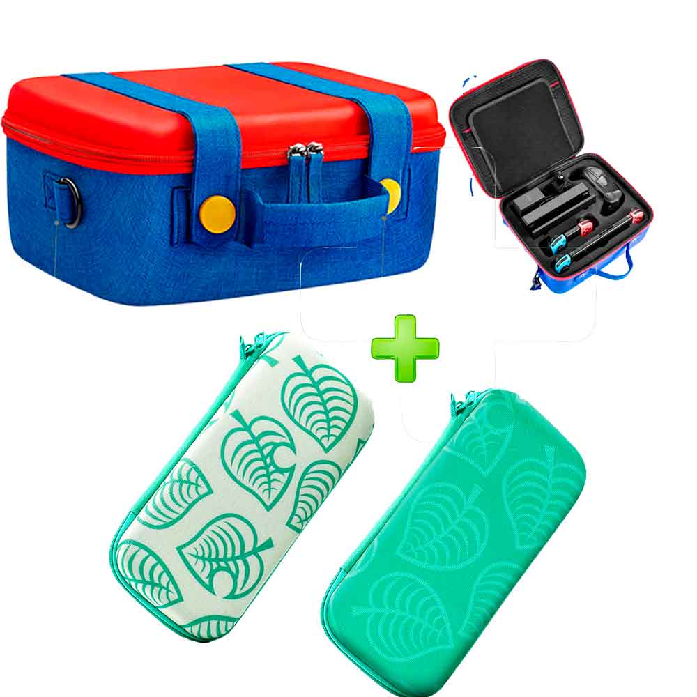 Pack Maleta para Nintendo Switch y Oled RojoAzul y Estuche Verde OscuroBlanco