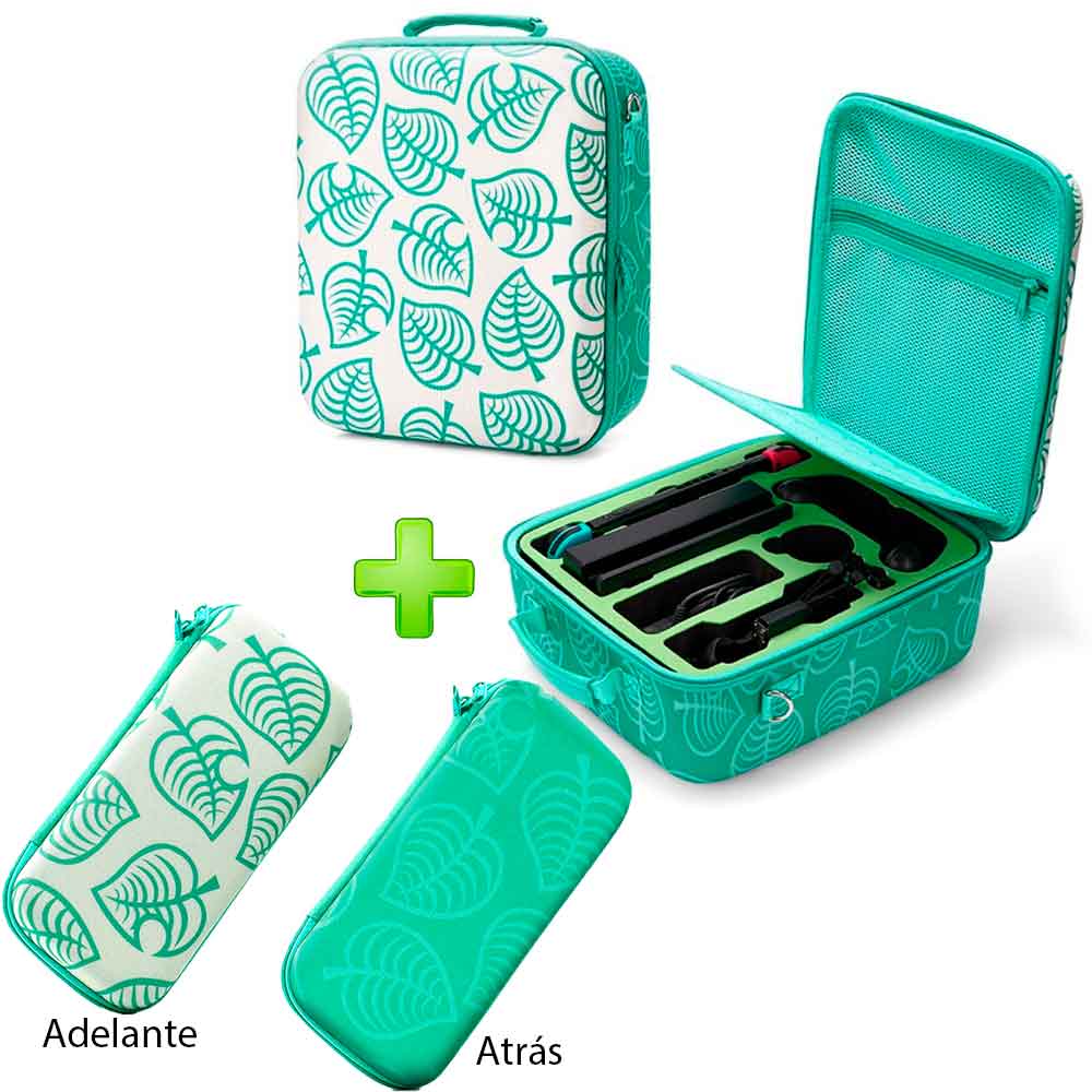 Pack Maleta para Nintendo Switch y Oled Verde Animal Crossing y Estuche Verde OscuroBlanco