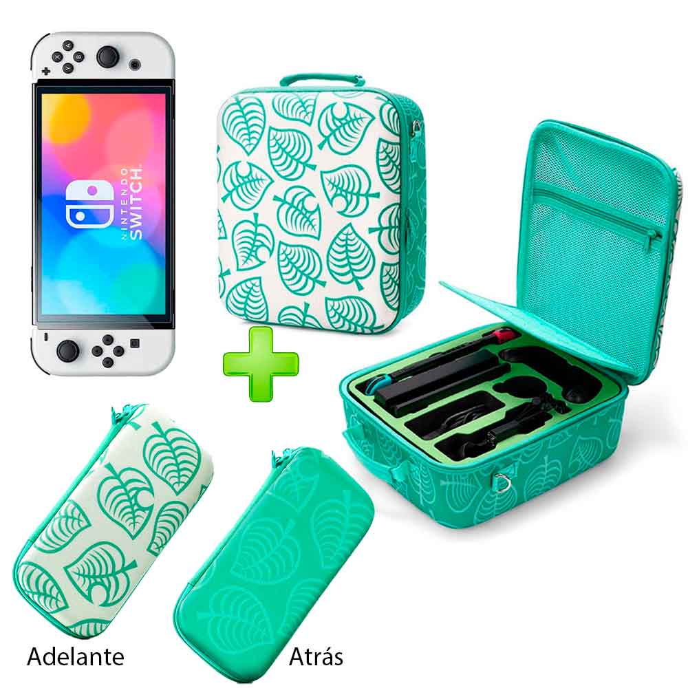 Pack Maleta para Nintendo Switch y Oled Verde Animal Cross y Estuche Verde OscuroBlanco y Mica Oled