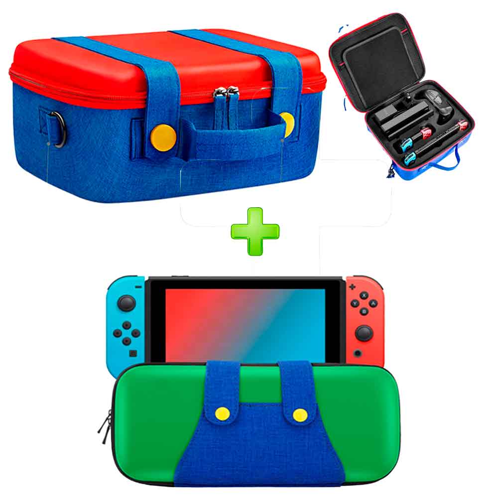 Pack Maleta para Nintendo Switch y Oled RojoAzul y Estuche Luigi VerdeAzul
