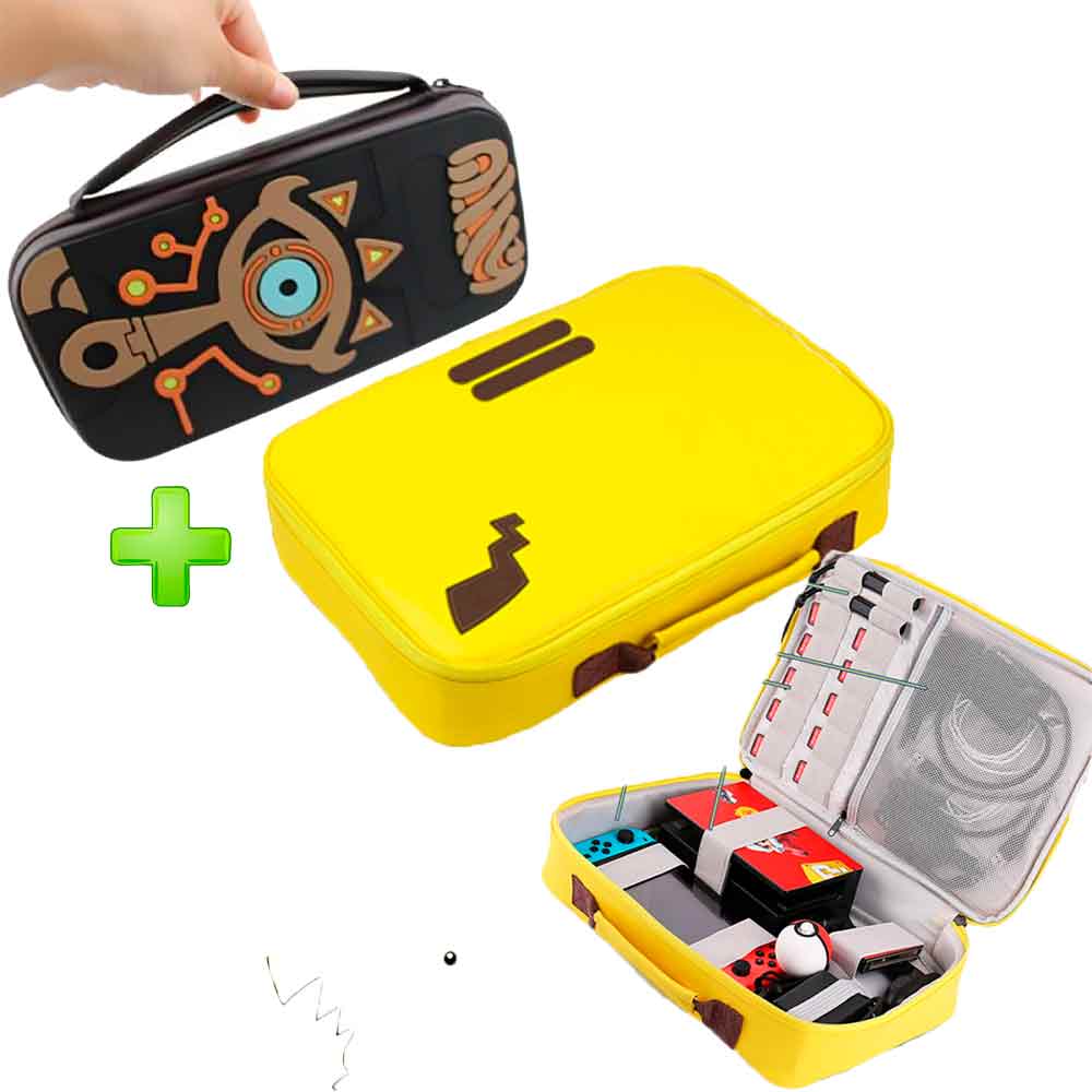 Pack Maleta para Nintendo Switch y Oled Pikachu Amarillo y Estuche Zelda Marrón