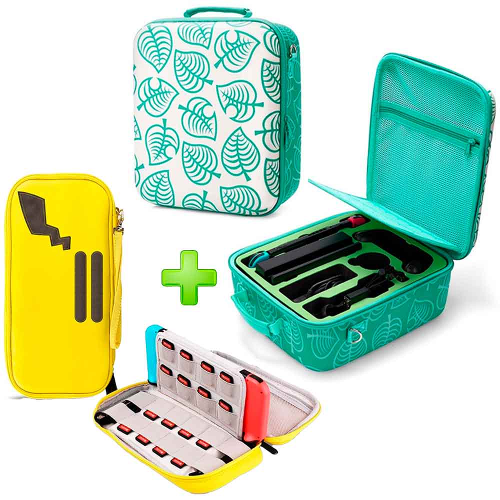 Pack Maleta para Nintendo Switch y Oled Verde Animal Crossing y Estuche Amarillo