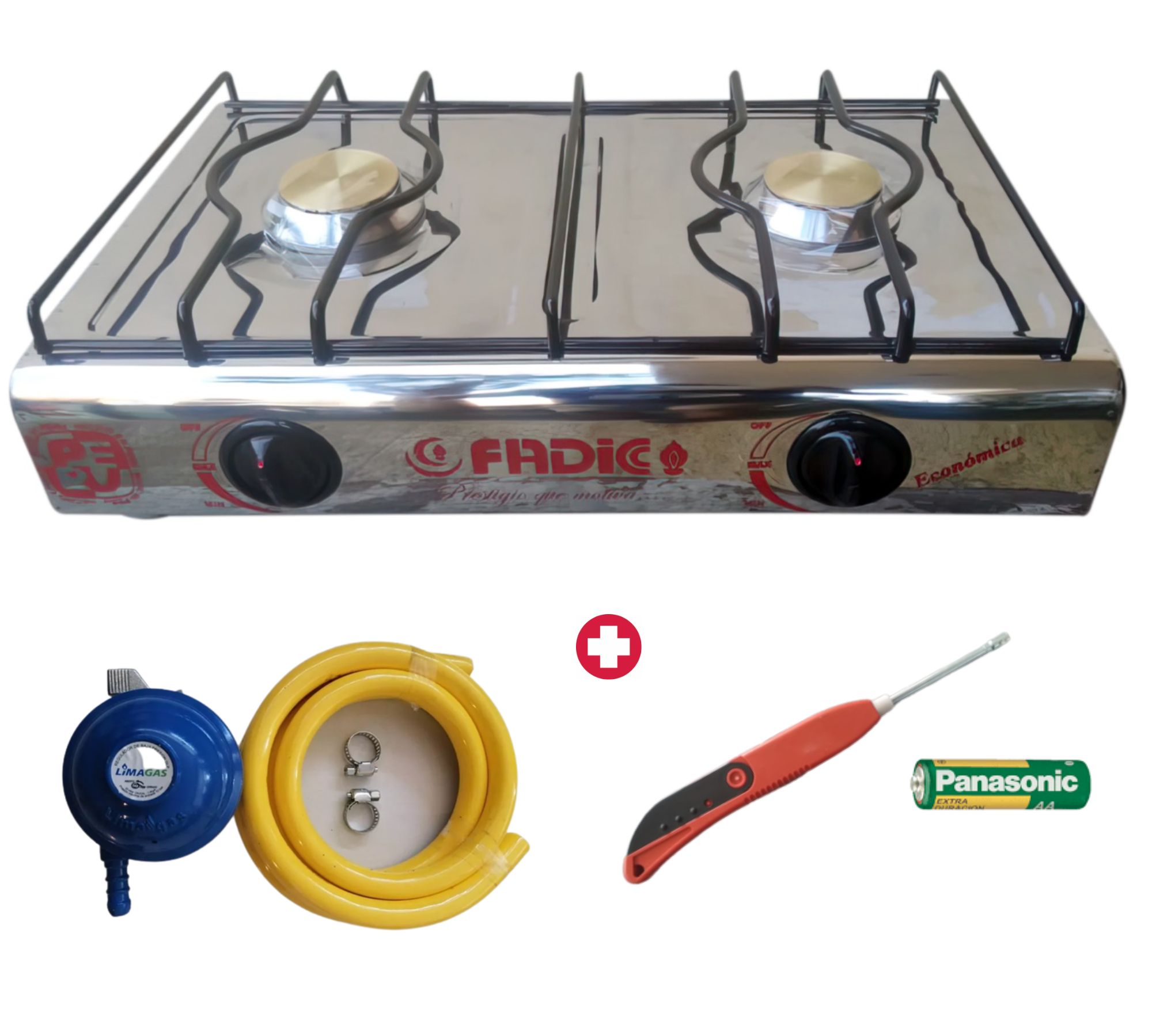 COCINA DE MESA 2 HORNILLAS TOTAL ACERO INOX + KIT REGULADOR PREMIUM + ENCENDEDOR DE COCINA