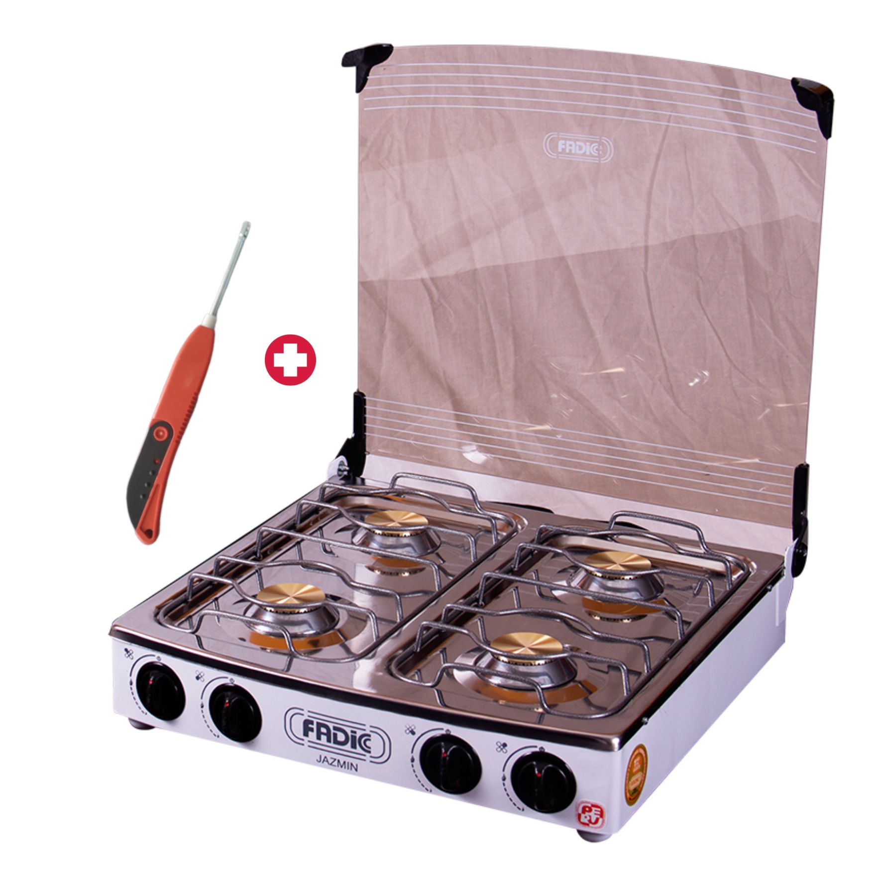 COCINA DE MESA 4 HORNILLAS TOTAL ACERO INOX TAPA DE VIDRIO JAZMIN 20"" FADIC+ Encendedor de Cocina