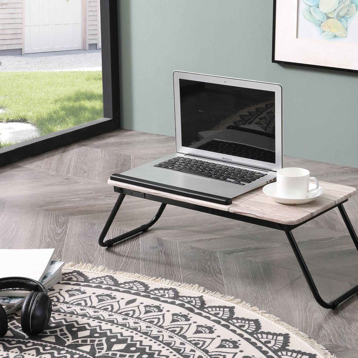 Mesa Plegable Portátil para Laptop + Ventilador y Lámpara USB + Accesos USB  + Portavaso Celeste