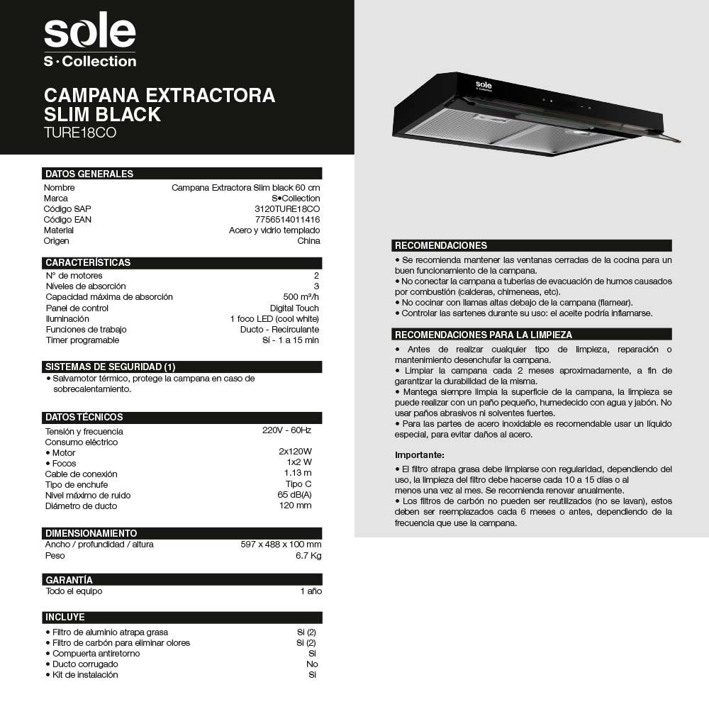Campana Extractora Sole S-Collection Slim Black 90cm SOLE