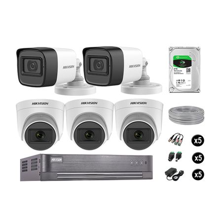 Kit 5 Cámaras de Seguridad Hikvision Audio Incorporado Full Hd 1080P Vigilancia Disco 2Tb