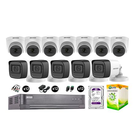 Kit 12 Cámaras de Seguridad Hikvision Audio Incorporado Full Hd 1080P Vigilancia Disco 2Tb