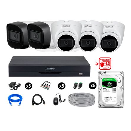 Cámaras Seguridad Kit 5 Con Audio Fhd Disco 1tb Reconocimiento Facial Dahua