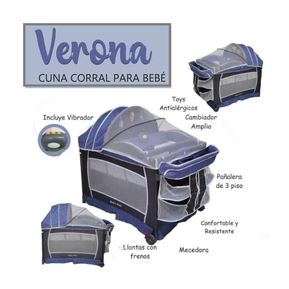 Cuna Corral Verona Baby Kits Venora Azul + Vibrador - Promart