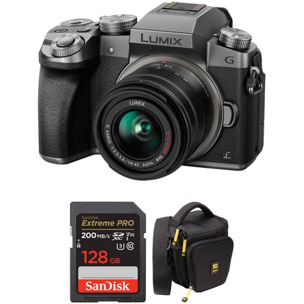 Cámara sin Espejo Panasonic Lumix G7 con Lente de 14 42Mm y Kit de Accesorios Plateado