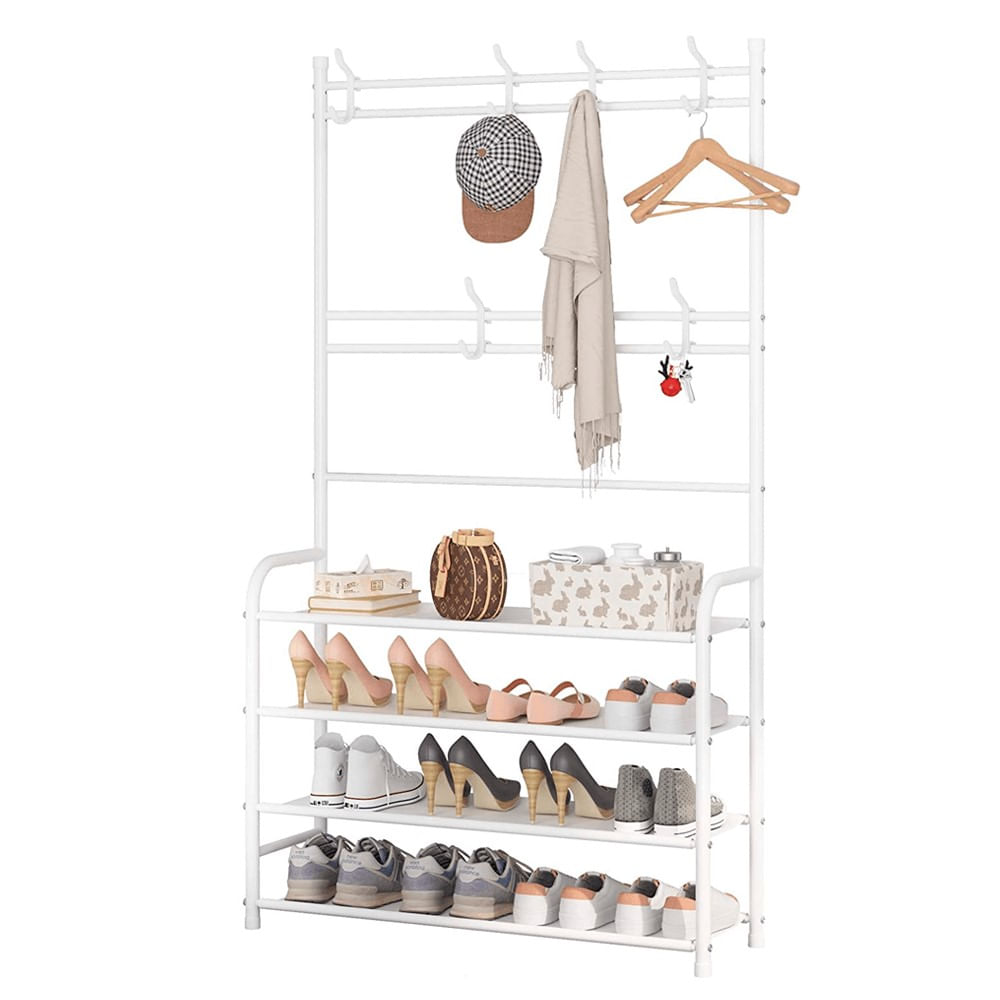Estante de Zapatos 5 Niveles Zapatera de Metal + Perchero Organizador Blanco