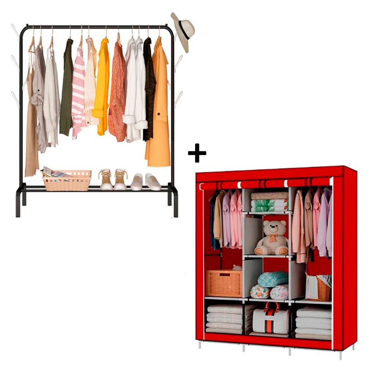 Exhibidor de Ropa con Perchero + Armario Portátil 3 Cuerpos de Tela