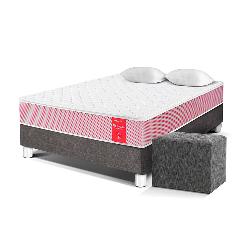 Cama Paraiso Medallón Ergo 2 Plazas Acero + Puff