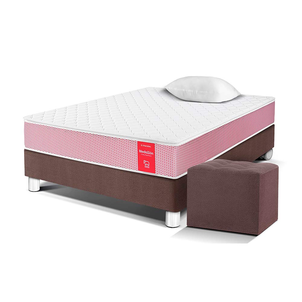 Cama Paraiso Medallón Ergo 1.5 Plazas Chocolate + Puff