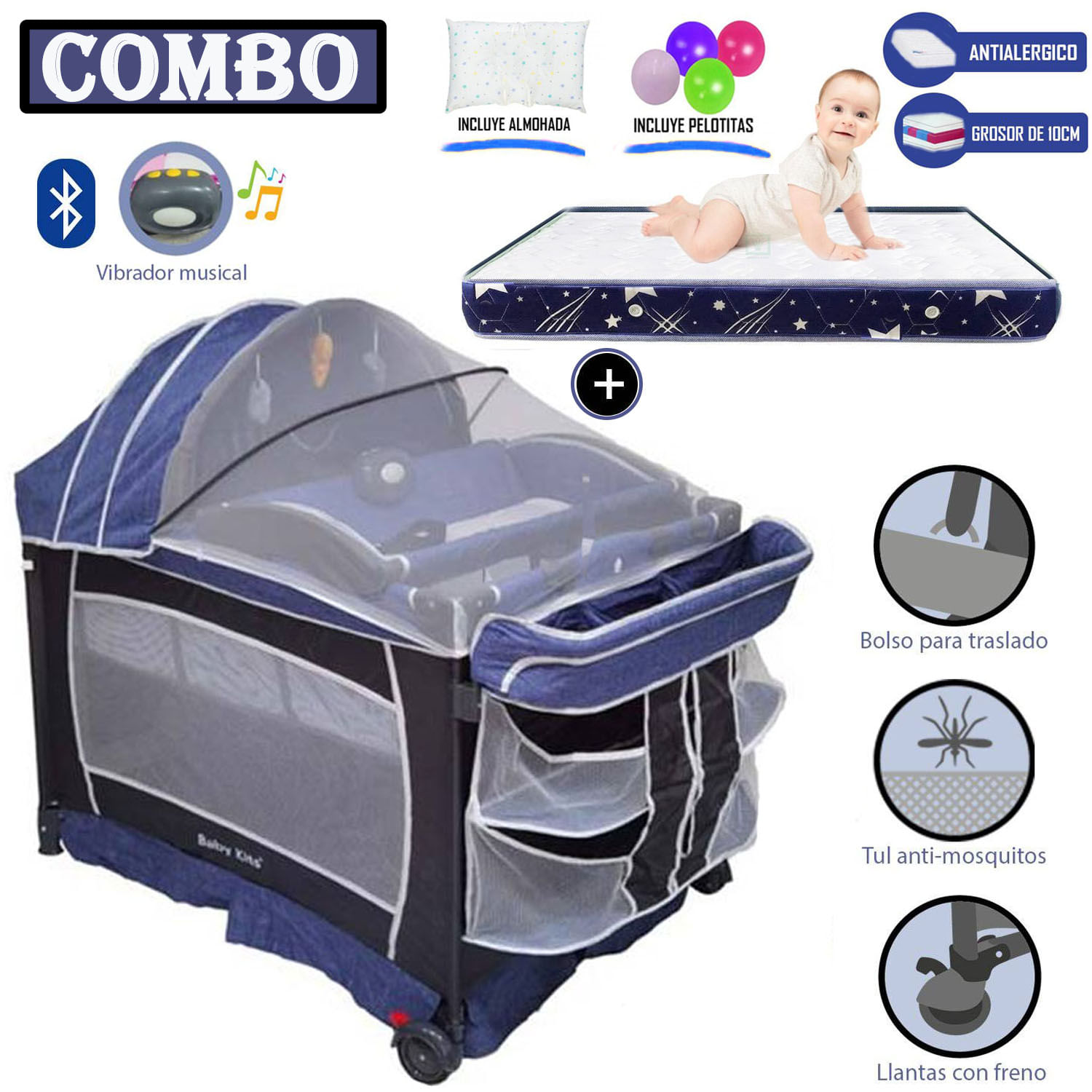 Cuna Corral Baby Kits Verona Azul + Colchón 4"" Azul