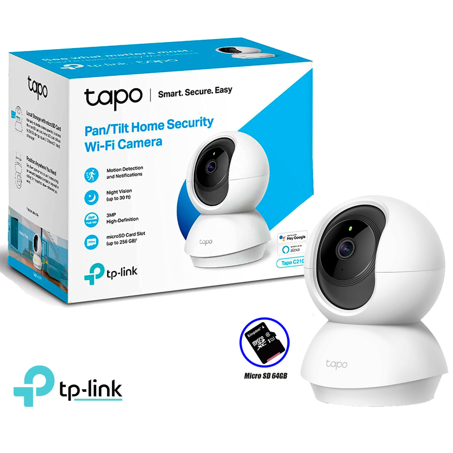 Cámara de Seguridad Wi Fi Tp Link Tapo C210 Giratoria 360 3Mp  Sd 64Gb