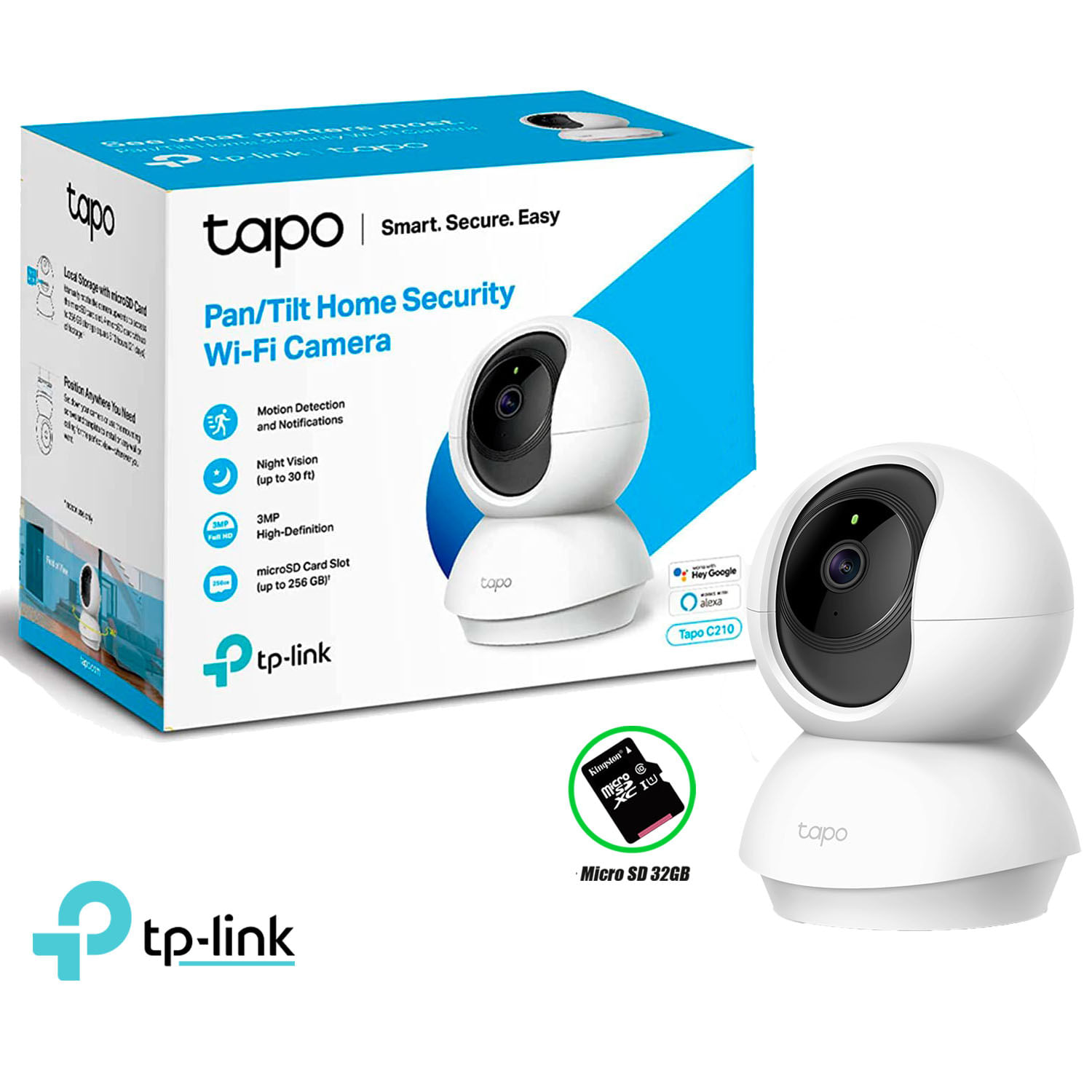 Cámara de Seguridad Tp-Link Tapo C210 3MP 2K Wi-Fi Gira 360 + SD 32GB